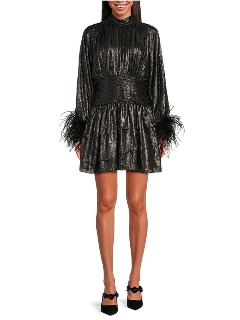 A Loves A Feather Cuff Metallic Black Dress